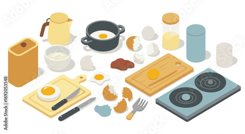 Isometric breakfast cooking scene with eggs and kitchen tools