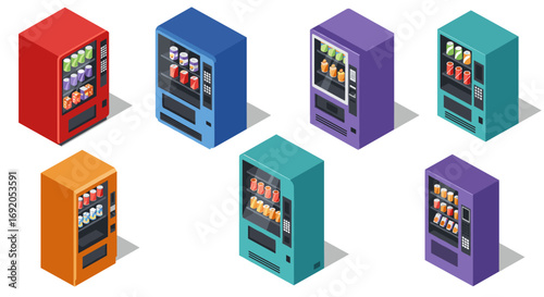 Colorful isometric vending machines with assorted drinks on white background