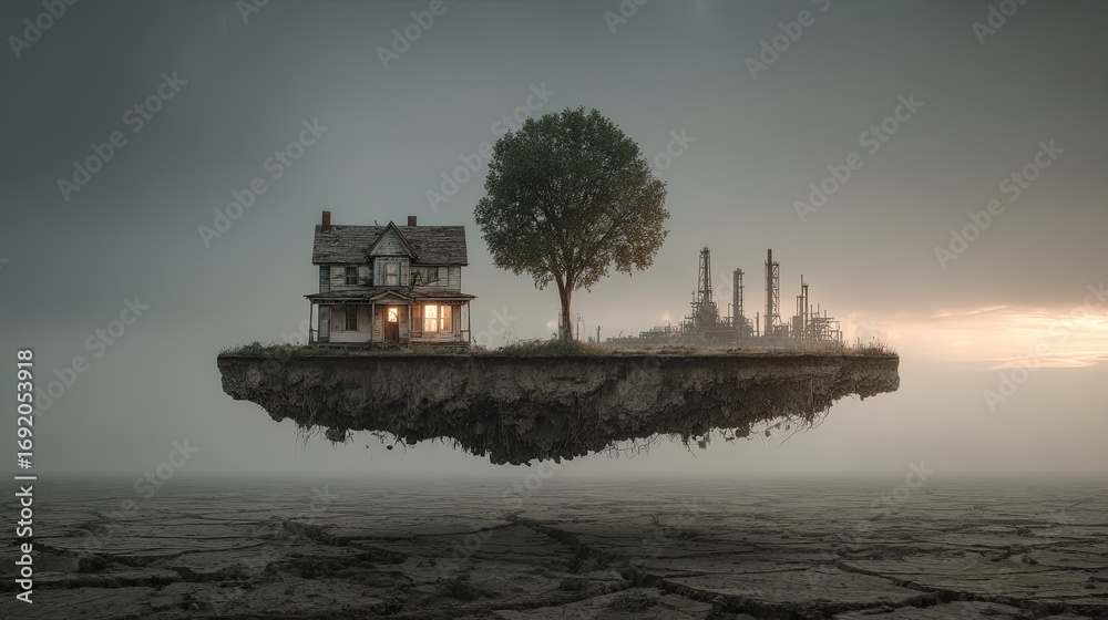 Obraz premium Floating island, house, tree, factory, desolate