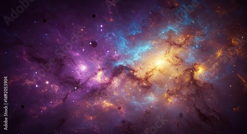 A colorful nebula with hues of purple blue and gold speckled with stars and dark round shapes