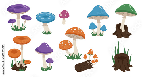 Colorful mushrooms and forest stumps in flat cartoon style