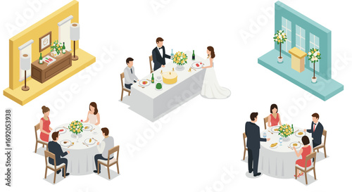 Elegant wedding reception with guests in isometric style
