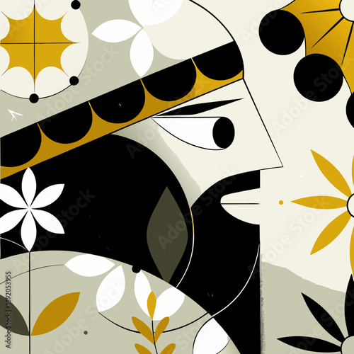 Stylized profile of a Bedouin with floral motifs in black and gold tones