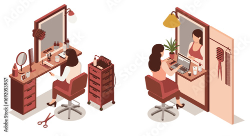Isometric beauty salon women working at vanity table and laptop desk