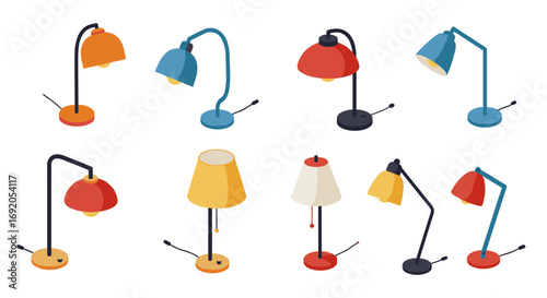 Collection of stylish isometric desk and floor lamps for modern interiors
