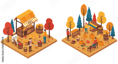 Autumn market and park scenes with people enjoying fall activities in isometric style