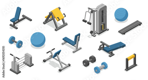 Comprehensive set of isometric gym equipment icons for fitness design projects