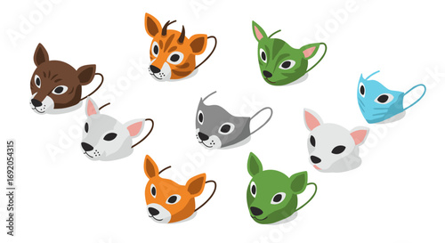 Colorful animal face masks collection with playful designs for kids