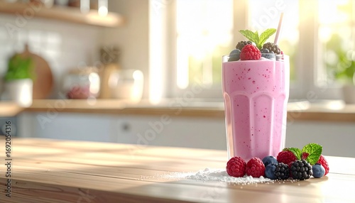 High-protein smoothie with fresh berries and scoop of whey protein