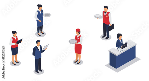 Isometric hotel staff working together in uniforms