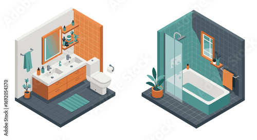 Modern bathroom interior with isometric design featuring bathtub and vanity
