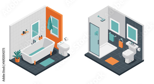 Modern isometric bathroom designs with shower and bathtub