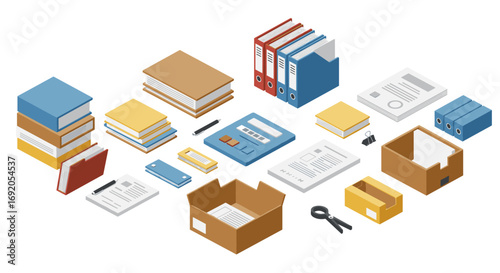 Isometric office supplies collection: organized files, boxes, and stationery