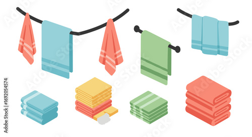 Isometric towels collection with various colors and styles for bathroom decor