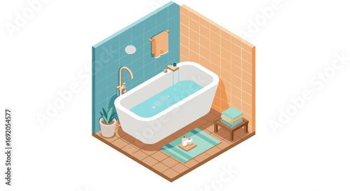 Isometric bathroom design with bathtub and colorful tiled walls