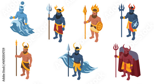 Greek mythology gods in isometric style: poseidon, hades, zeus, ares depictions