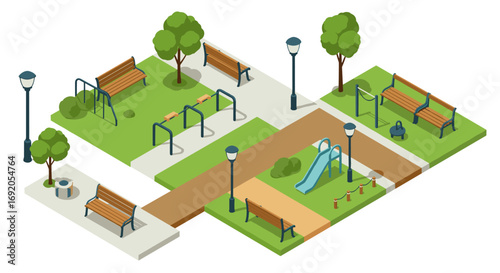 Isometric playground park with benches and slides