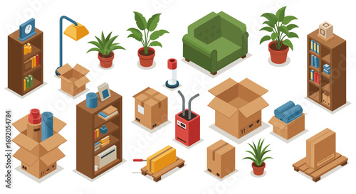Isometric furniture and moving boxes with plants and books in a modern setting