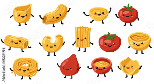 Cute cartoon pasta and tomato characters with smiling faces and playful expressions