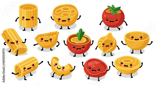 Cute cartoon pasta and vegetable characters with happy faces