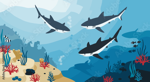 Underwater adventure with sharks: ocean ecosystem and marine wildlife exploration