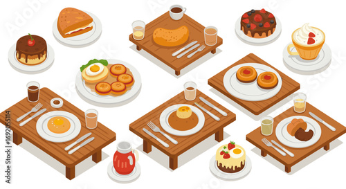 Isometric breakfast and dessert spread with various dishes and drinks on wooden tables