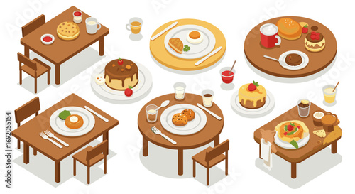 Isometric breakfast setups with pancakes, pastries, and drinks