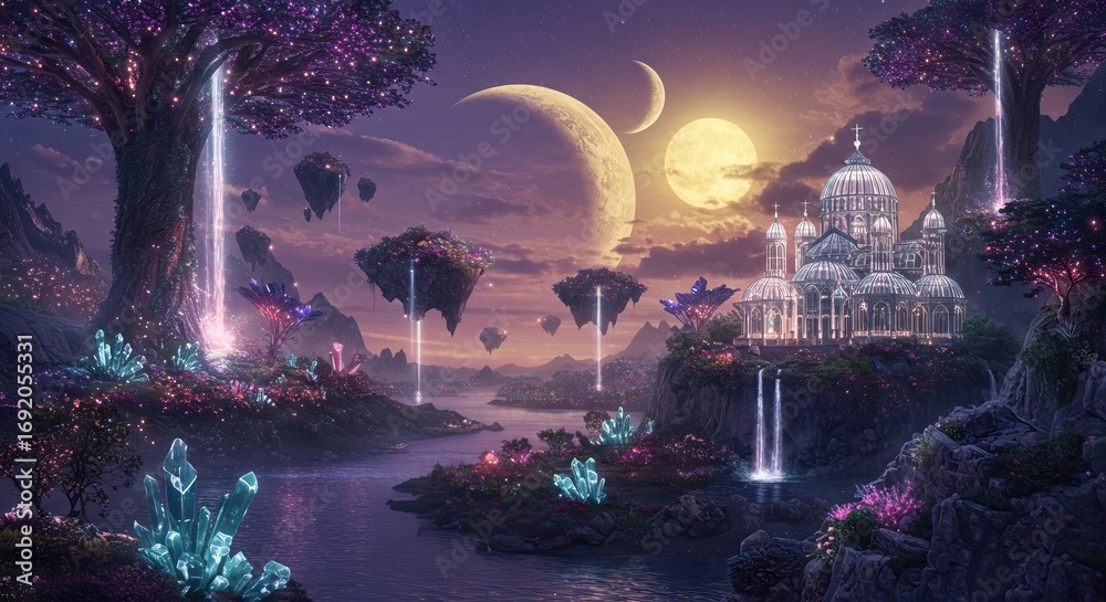 Fototapeta premium Fantasy landscape featuring glowing crystals floating islands a cathedral and a large tree with a light beam