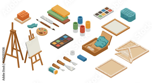 Isometric art supplies set featuring easel, paints, brushes, canvas, and palette for creative projects