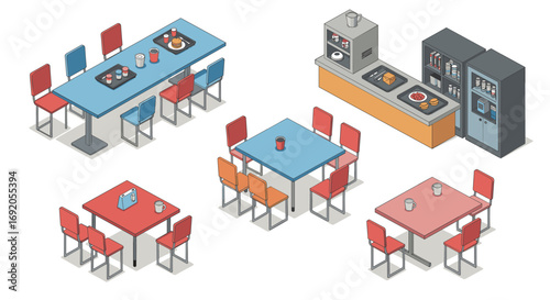 Isometric restaurant furniture layout with tables, chairs, and kitchen equipment