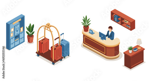 Isometric hotel reception with luggage cart and concierge desk