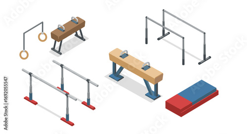 Isometric gymnastics equipment set featuring pommel horse, parallel bars, and rings