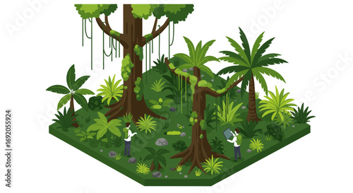 Lush isometric jungle landscape with botanists exploring dense tropical foliage