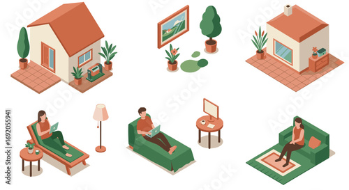 Cozy isometric home interiors with relaxing people and minimalist furniture
