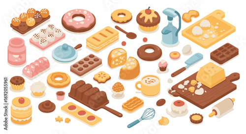 Isometric bakery elements with pastries, breads, and baking tools in soft pastel colors