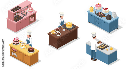 Isometric bakery scene with chefs decorating cakes and baking pastries