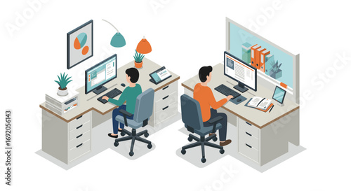 Modern office workspace with isometric design and two professionals at desks