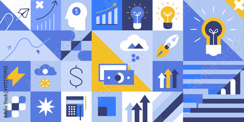 Modern geometric collage of business and finance icons representing growth and ideas