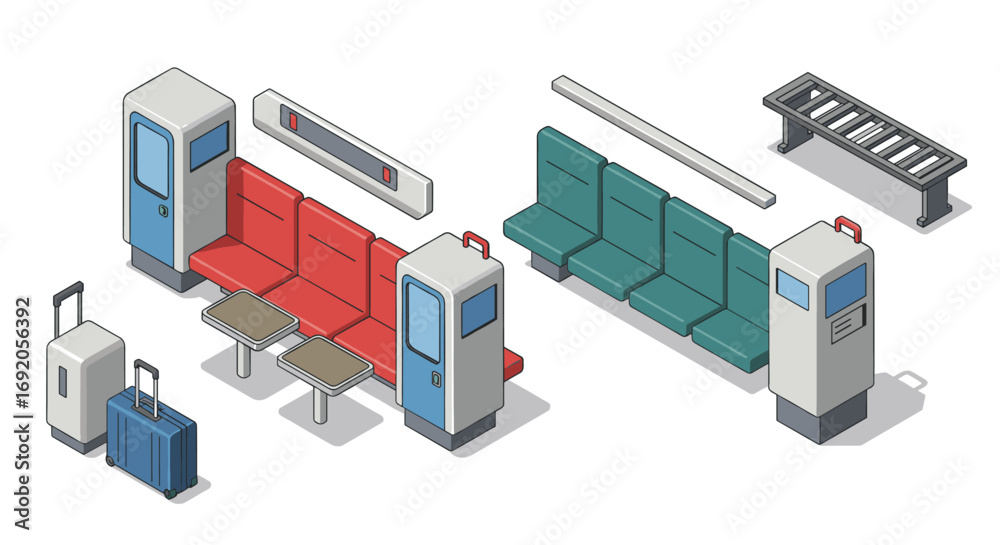 Obraz premium Isometric train interior elements with luggage and seating in modern public transport design