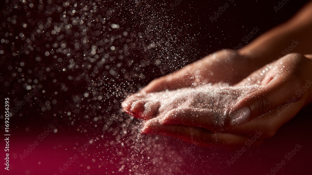 Fototapeta premium Hands rubbing flour in motion over red surface for cooking or baking process scene