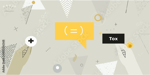Abstract geometric illustration with a yellow speech bubble containing equal signs and the word tox