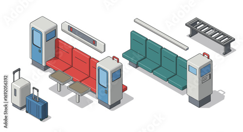Isometric train interior elements with luggage and seating in modern public transport design