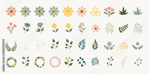 Collection of hand drawn floral elements and botanical illustrations in a soft color palette