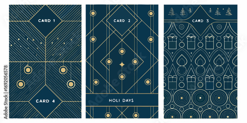 Elegant art deco holiday greeting cards featuring geometric patterns and festive elements