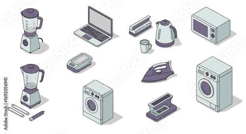 Isometric household appliances: modern home gadgets and electronics collection