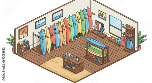 Beach shop interior with surfboards and coastal decor in isometric design