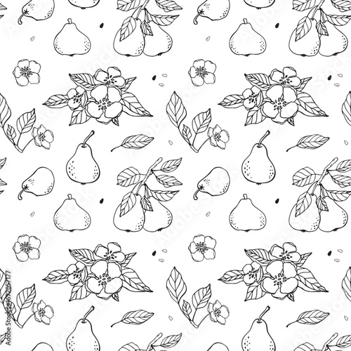 Lovely floral vector seamless pattern with pears and fruits. Hand drawn doodle. For packaging, wrapping paper, kitchen design, food background. Black and white.