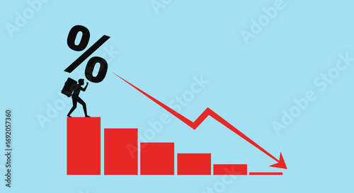 Man carries heavy percentage symbol down declining graph symbolizing financial stress and economic downturn