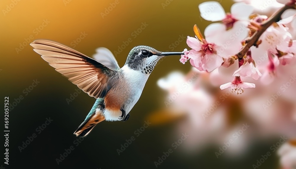 Fototapeta premium Vibrant Hummingbird in Flight Hovering Near Beautiful Pink Blossoms on a Sunny Spring Day