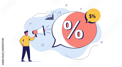 Man with megaphone announces percentage sale and financial growth for business promotion